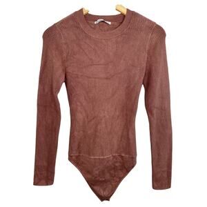Abercrombie & Fitch Brown Tan Ribbed Knit Long Sleeve Bodysuit Top Womens Size S